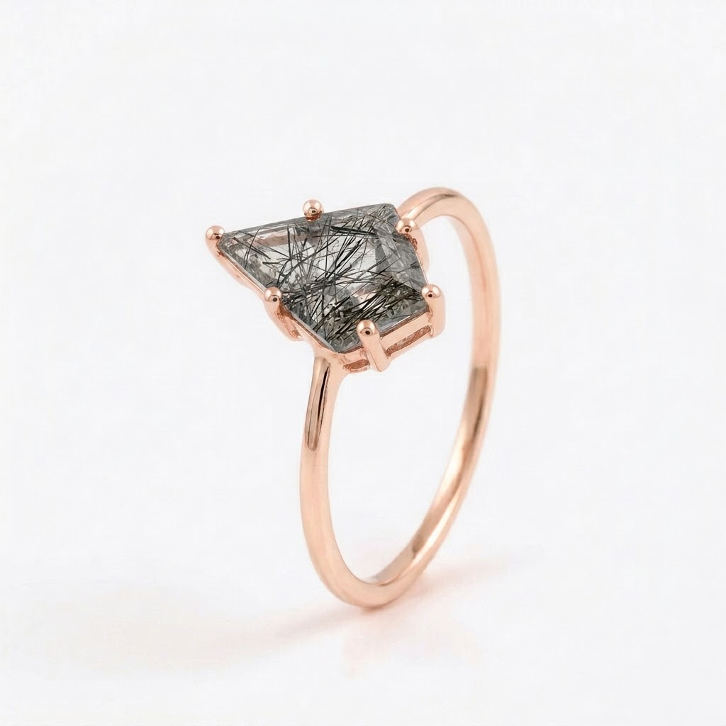 Kite Shaped Black Rutile Quartz Rose Gold Ring