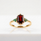 Hexagon Cut Red Garnet Gemstone Cluster Gold Ring