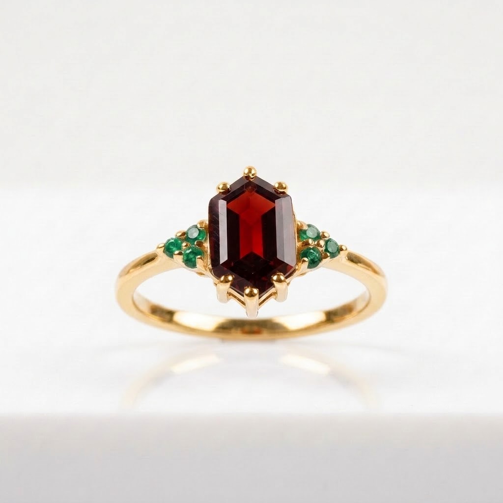 Hexagon Cut Red Garnet Gemstone Cluster Gold Ring