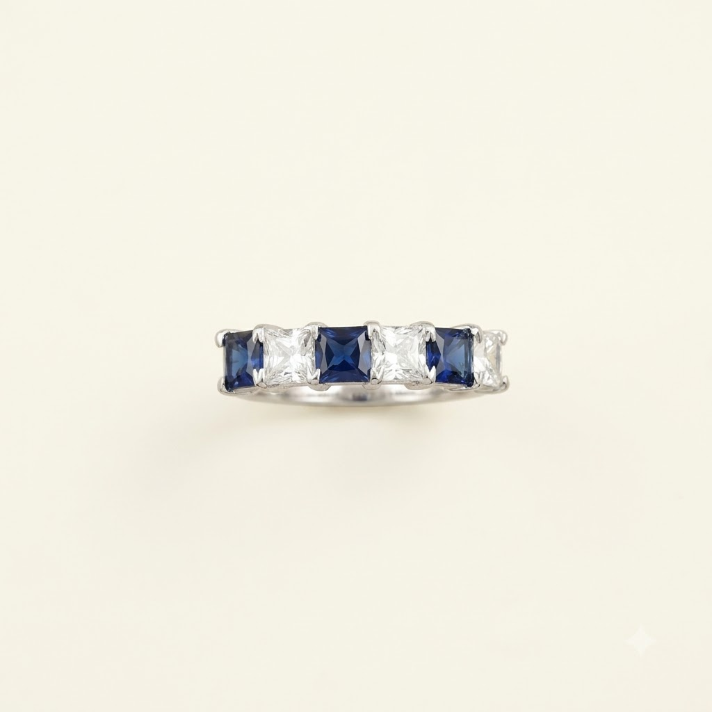 Princess Cut Sapphire And Diamond 925 Silver Wedding Band