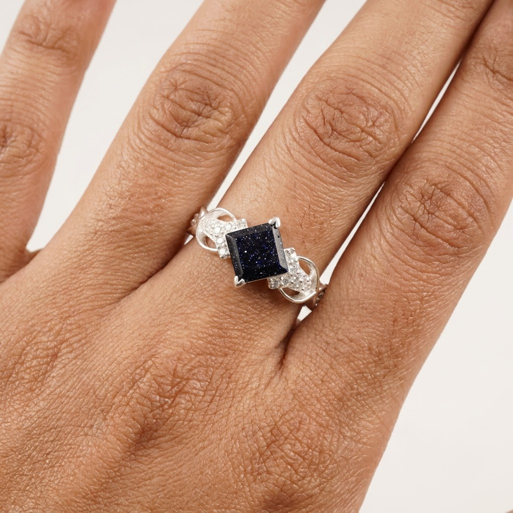 Princess Cut Blue Sandstone Engagement Ring With Model Finger