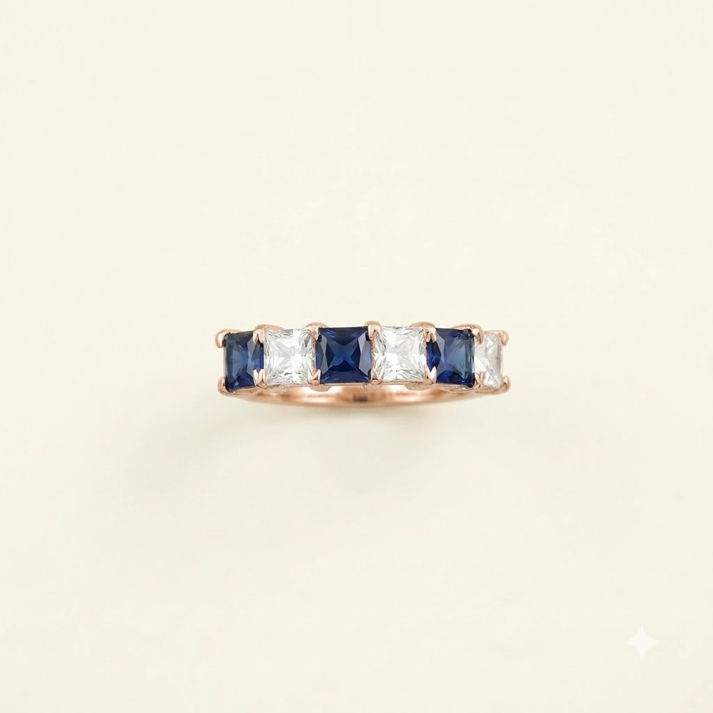 Princess Cut Sapphire And Diamond Rose Gold Wedding Band