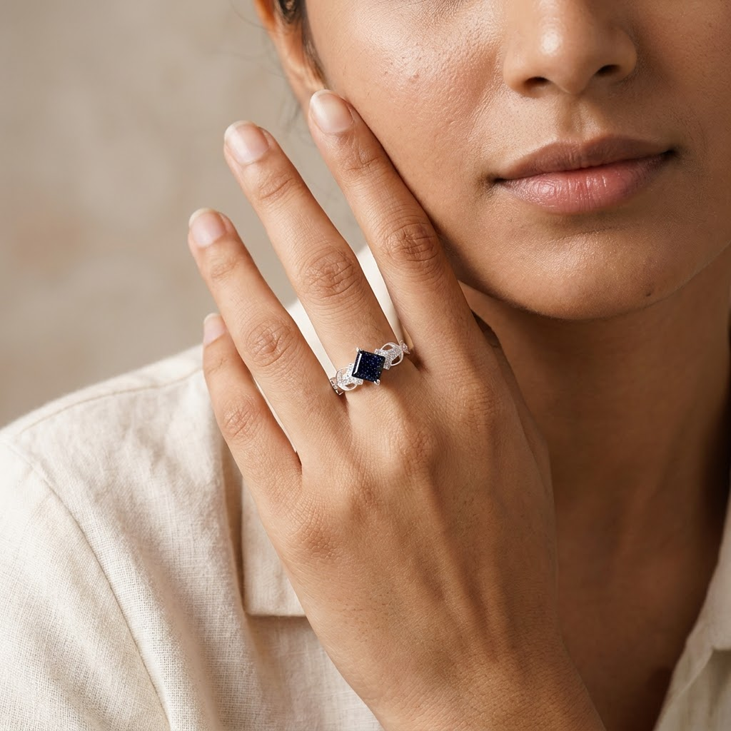 Princess Cut Blue Sandstone Engagement Ring With Model