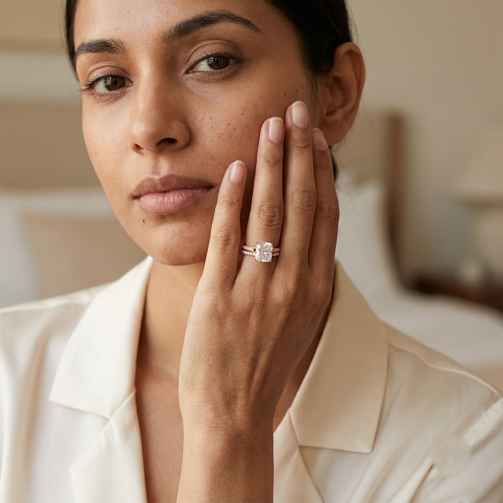 2.5CT Radiant Cut Moissanite Engagement Ring Set With Model