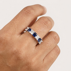 Princess Cut Sapphire And Diamond 925 Silver Wedding Band With Model Finger