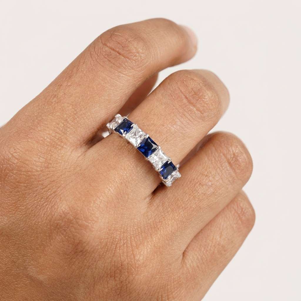 Princess Cut Sapphire And Diamond 925 Silver Wedding Band With Model Finger