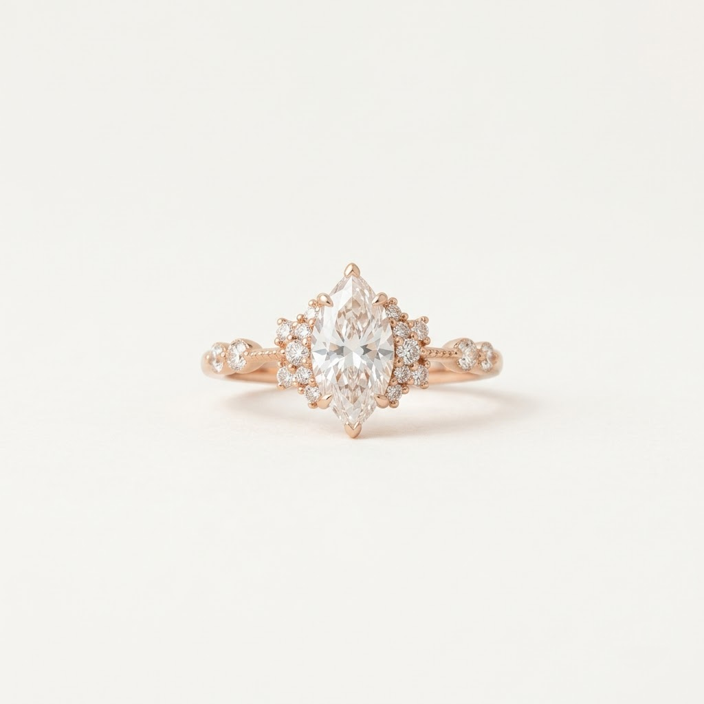 Marquise Cut Moissanite Rose Gold Engagement Unique Promise Ring 