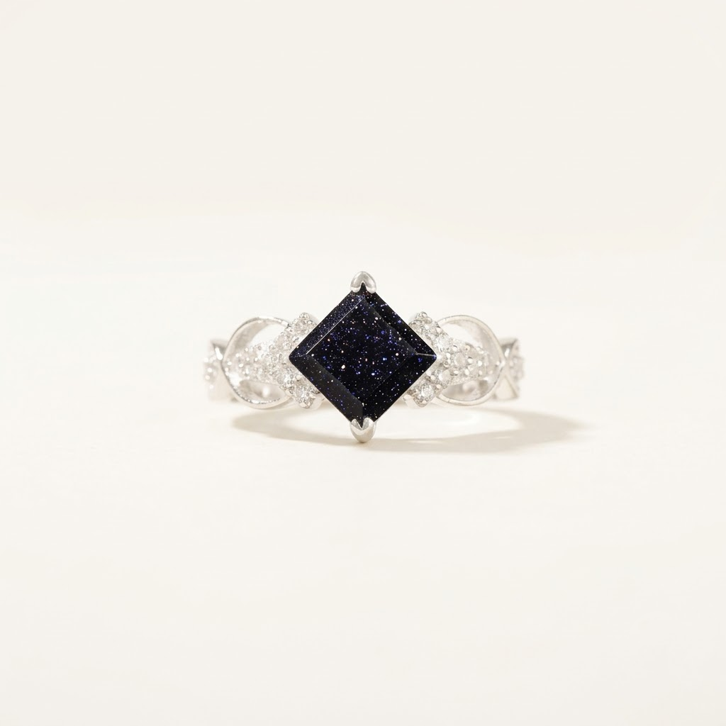 Princess Cut Blue Sandstone Silver Engagement Ring