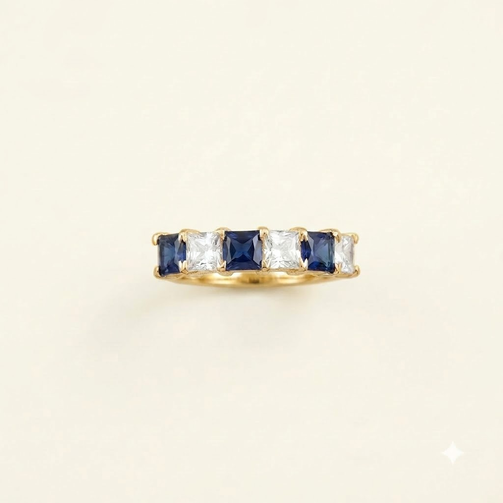Princess Cut Sapphire And Diamond Gold Wedding Band
