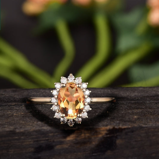 Vintage Yellow Citrine Oval Cut Halo Engagement Ring