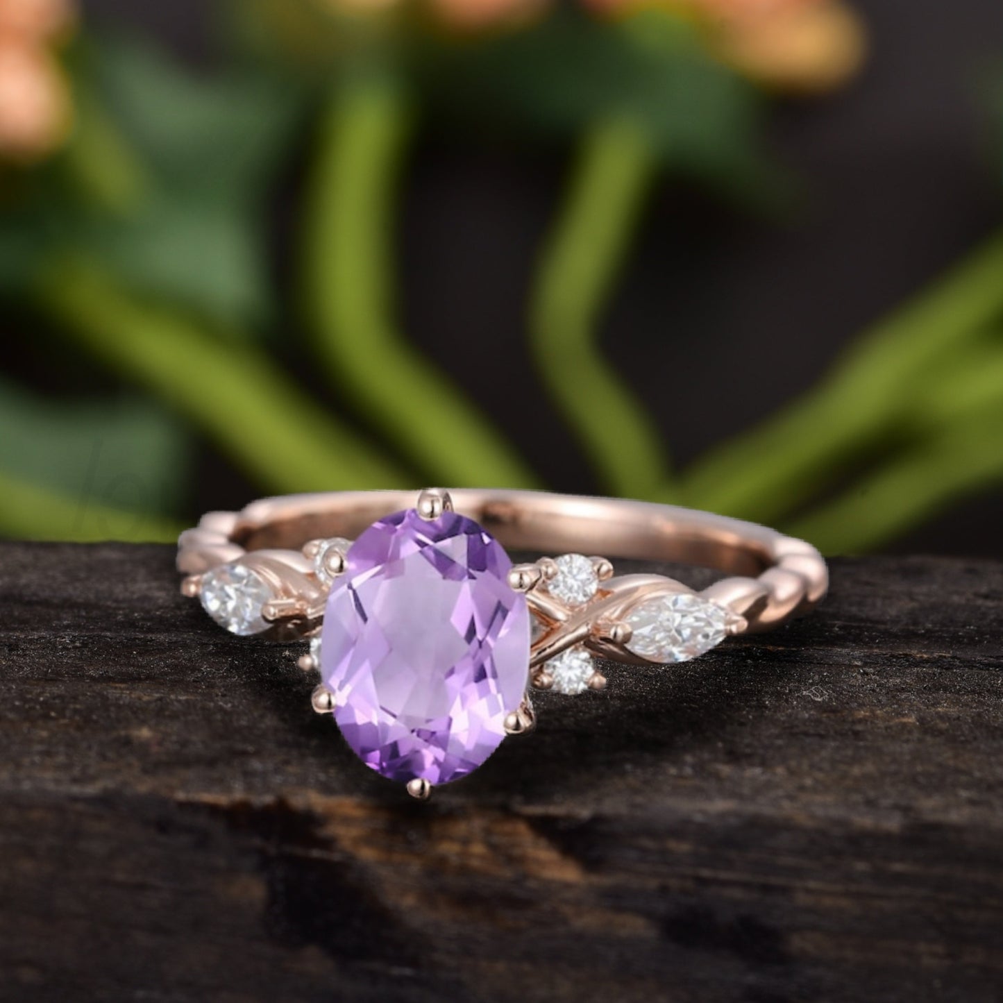 Oval Amethyst Purple Gemstone Zircon Engagement Ring  