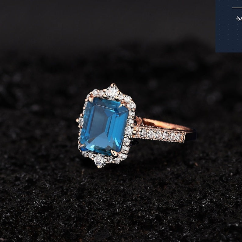 Emerald Cut London Blue Topaz Gemstone Engagement Ring 
