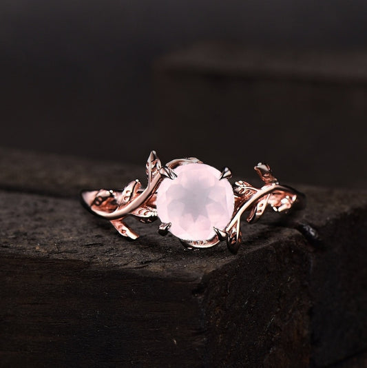 Round Cut Natural Pink Rose Quartz Gems Leaf Ring