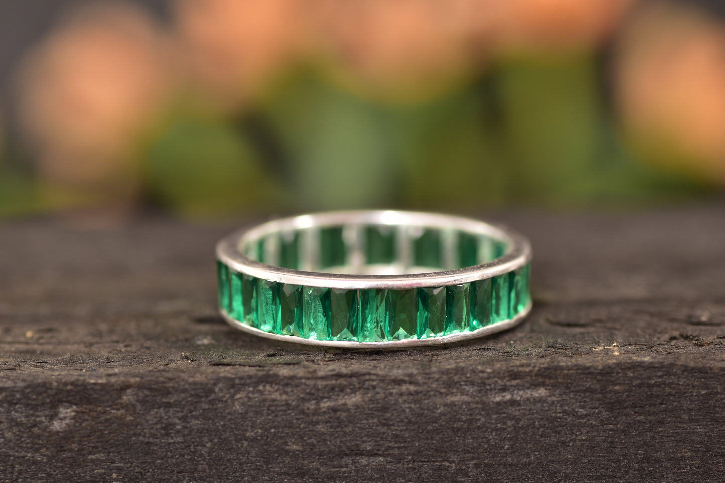 Baguette Cut Emerald Gemstone May Birthstone Channel Set Wedding Band