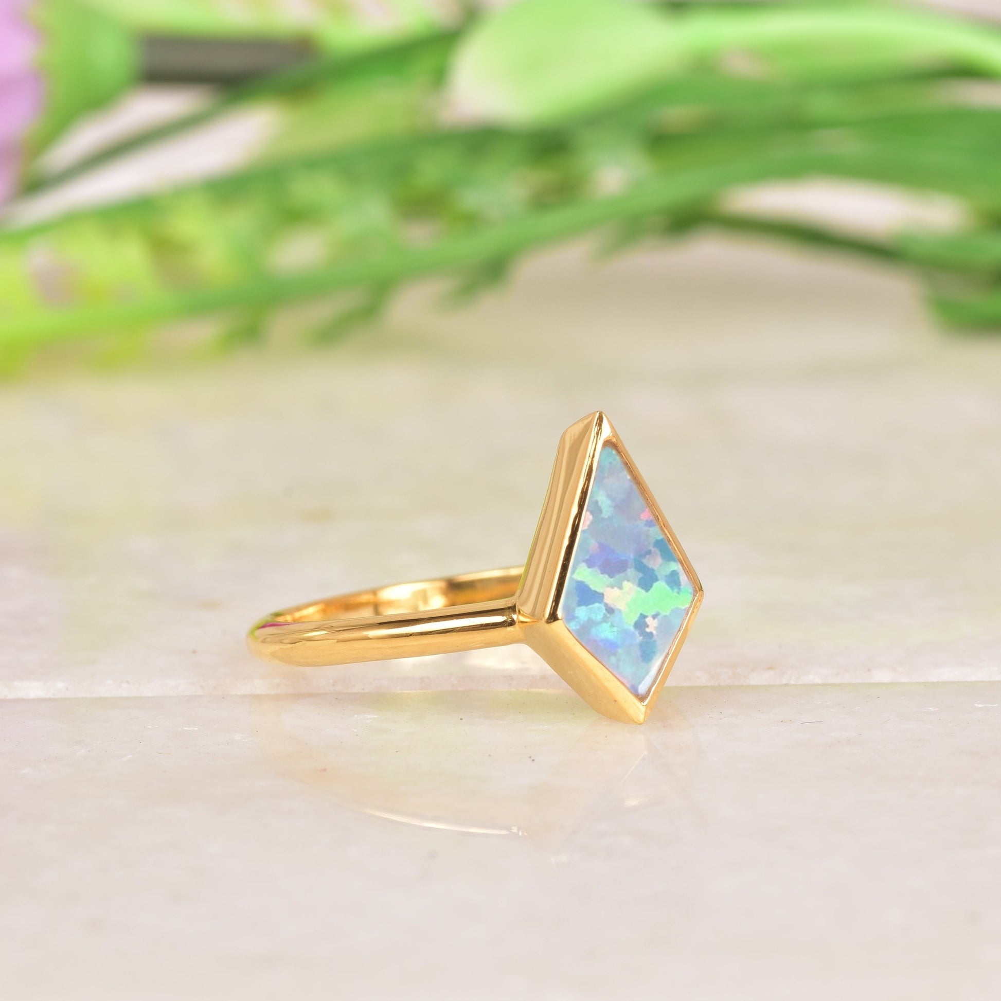 Kite Shaped White Opal Ring