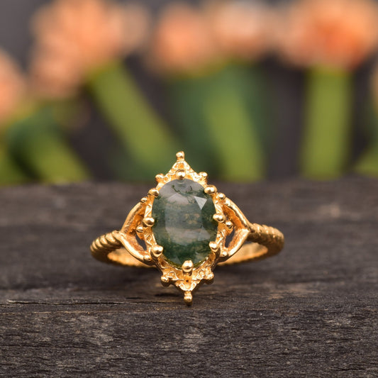 Vintage Natural Moss Agate Gemstone Solitaire Engagement Ring
