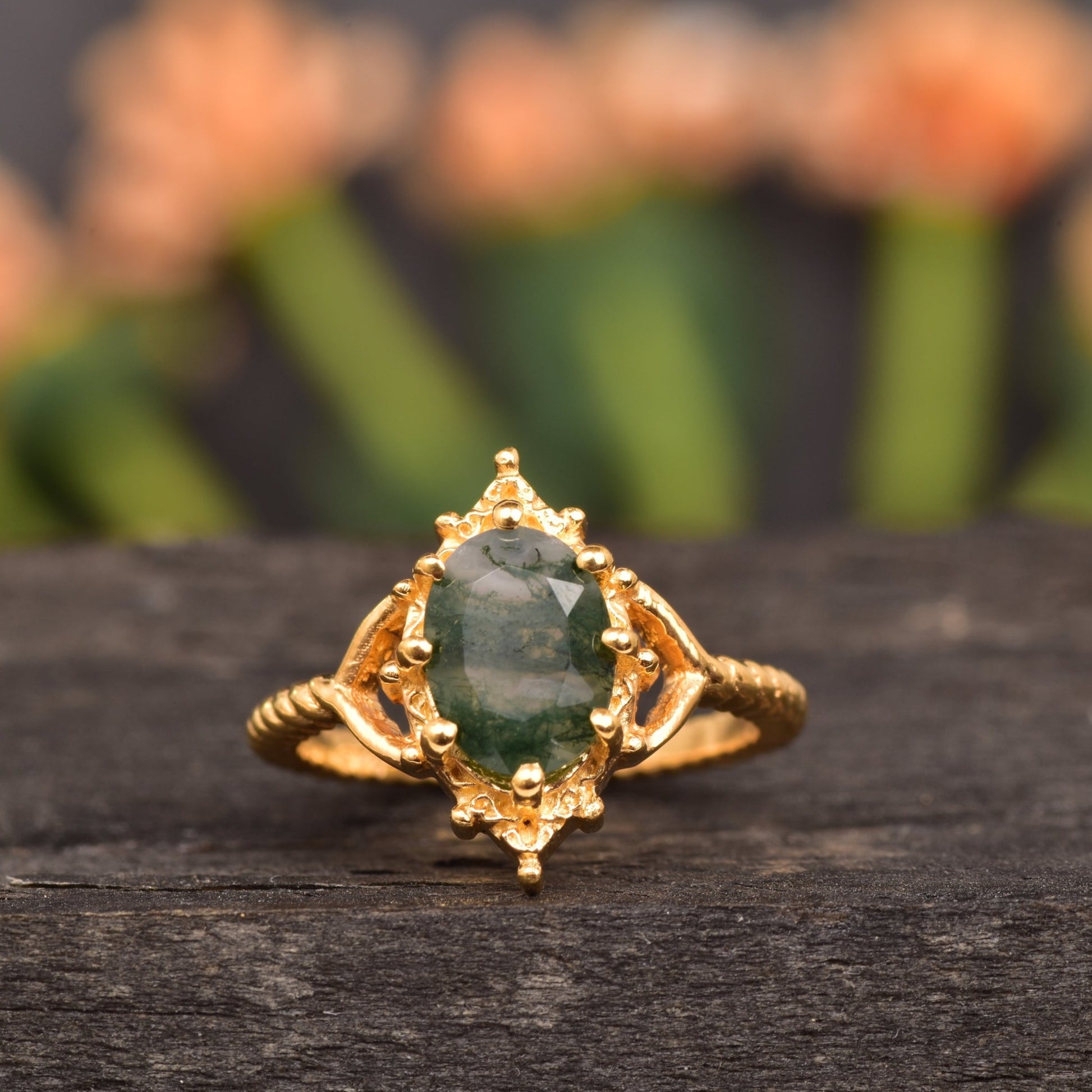 Vintage Natural Moss Agate Gemstone Solitaire Engagement Ring