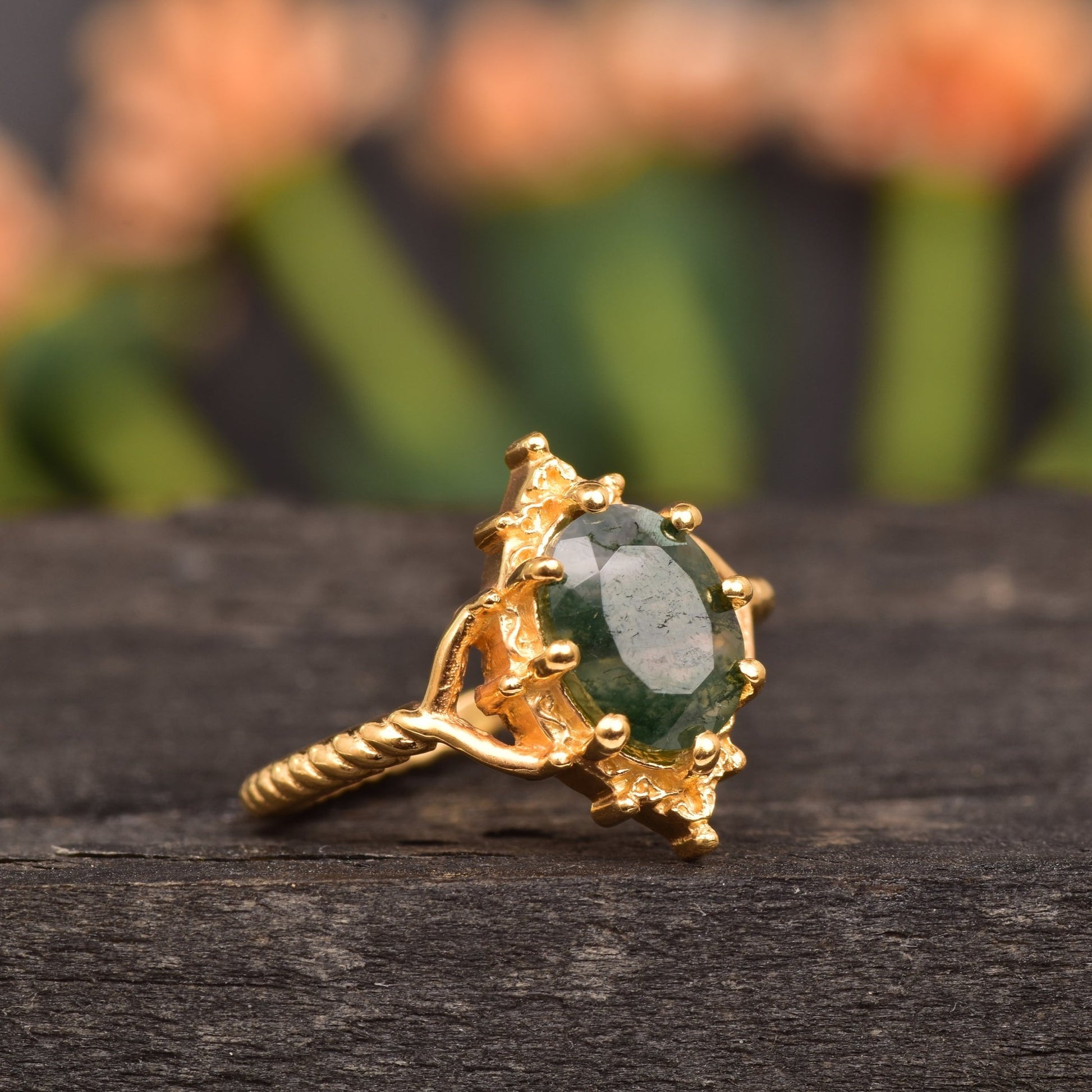 Vintage Natural Moss Agate Gemstone Solitaire Engagement Ring