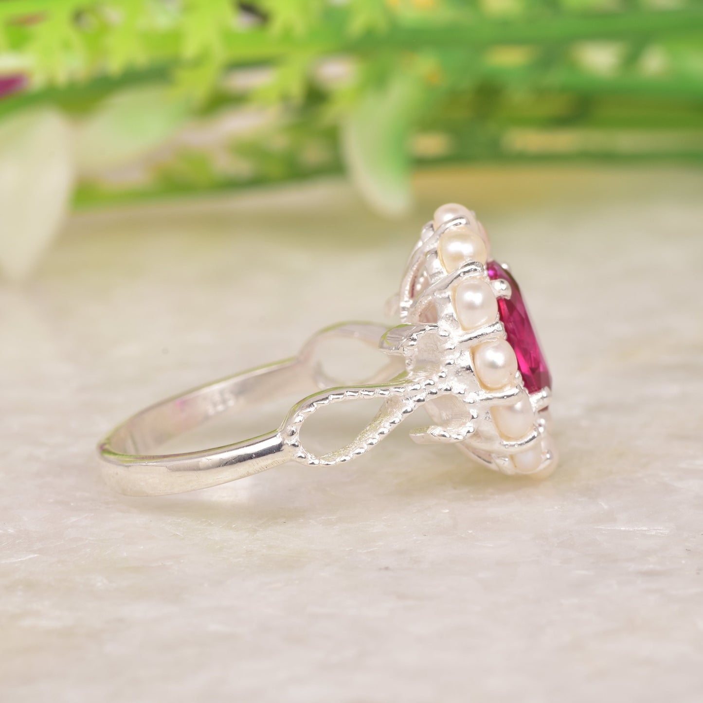 Ruby And Pearl Halo Engagement Ring