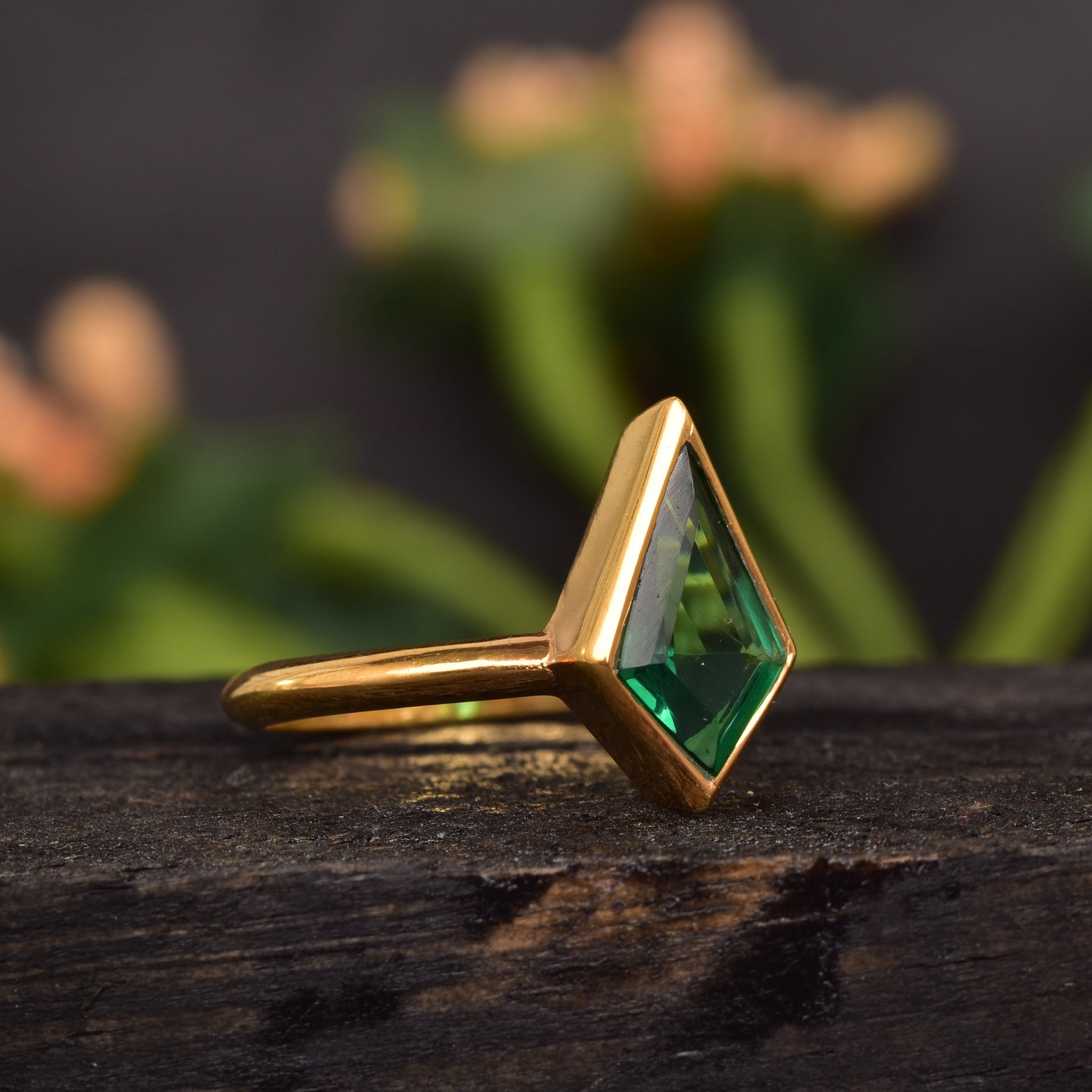 Kite Cut Green Emerald Solitaire Stacking Ring 