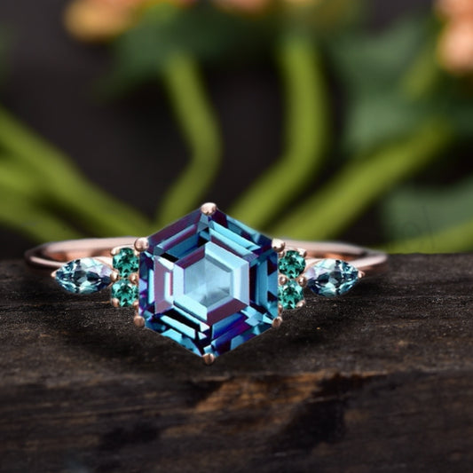 Hexagon Cut Alexandrite Ring |  Marquise Cut Engagement Ring