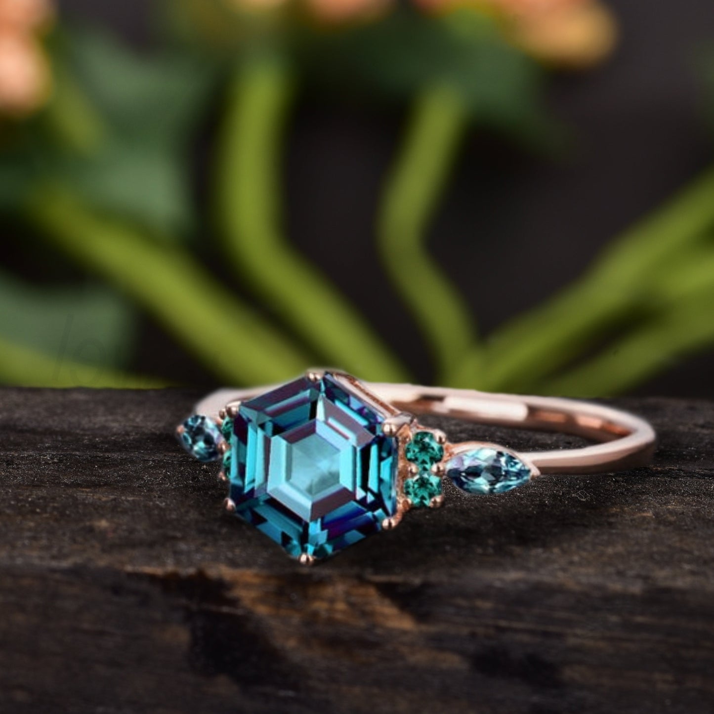 Hexagon Cut Alexandrite Ring |  Marquise Cut Engagement Ring