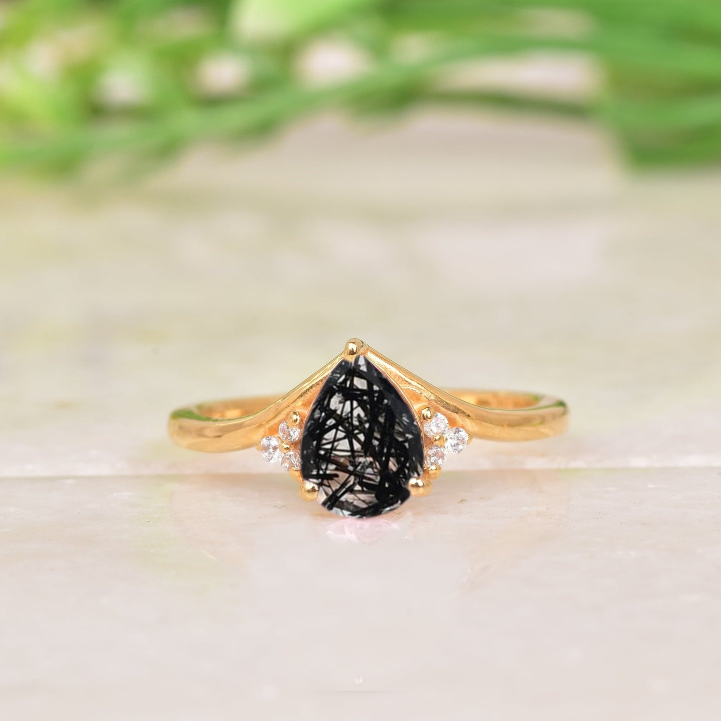 Black Rutile Quartz & Diamond Engagement Ring