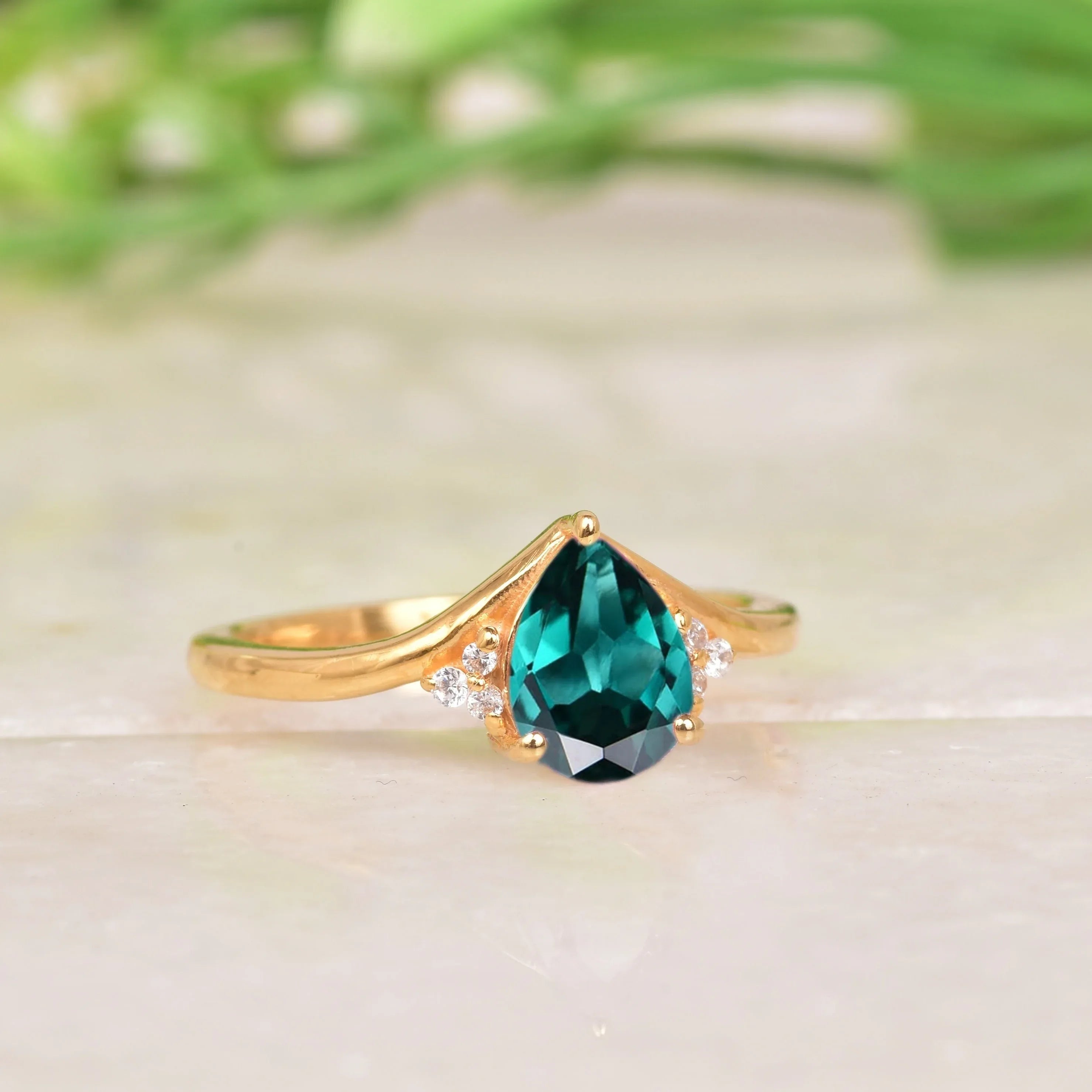 Green Emerald & Diamond Engagement Ring - MinimalistJewels