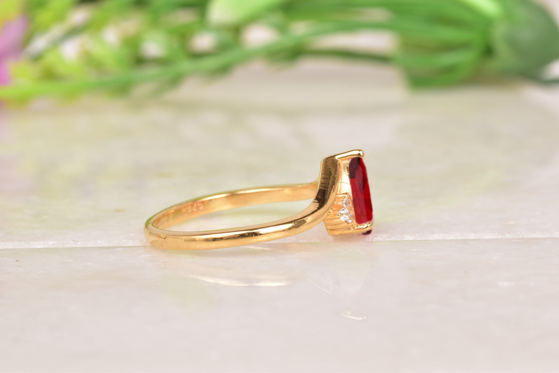 Red Garnet & Diamond Pear Engagement Ring