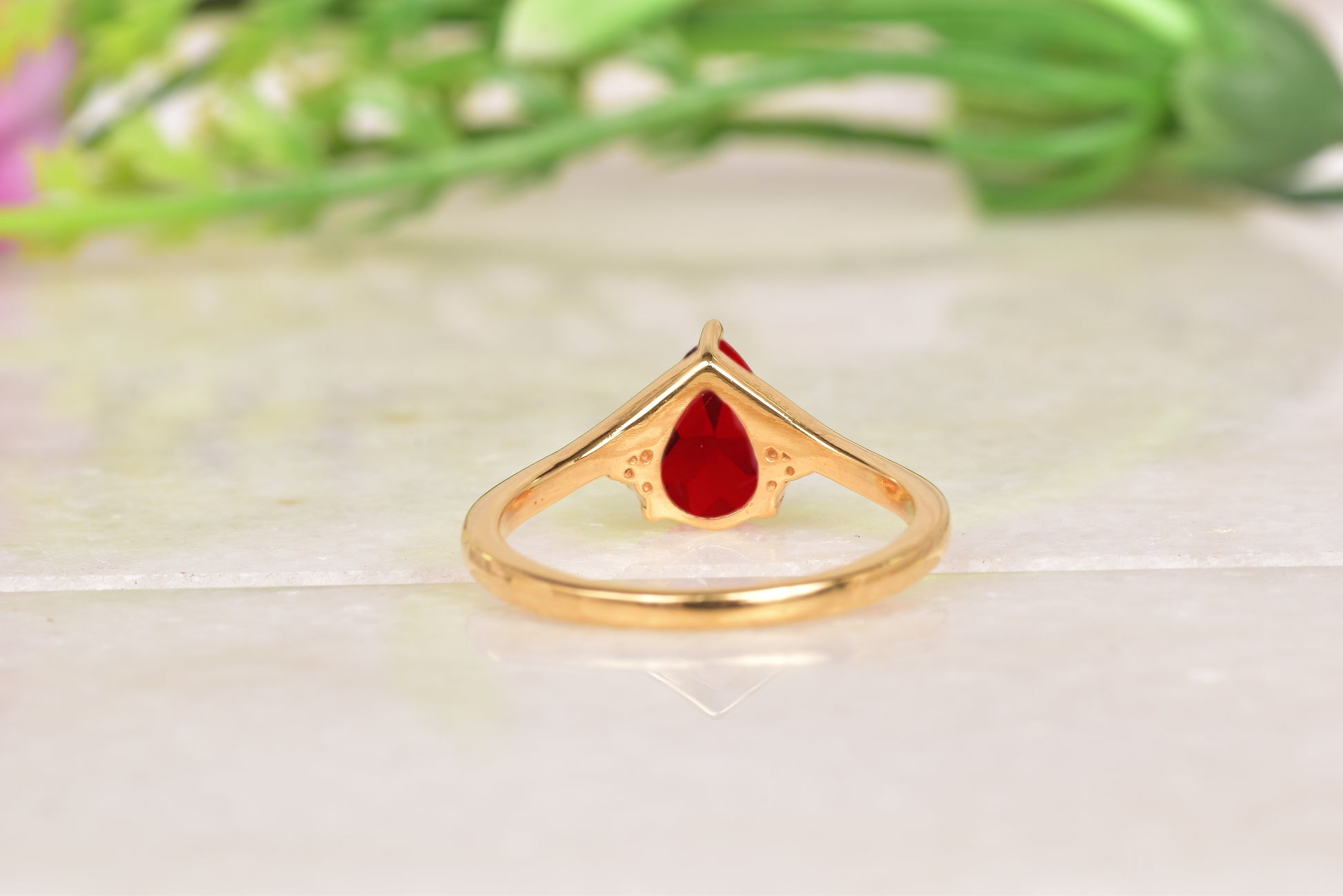 Red Garnet & Diamond Pear Engagement Ring
