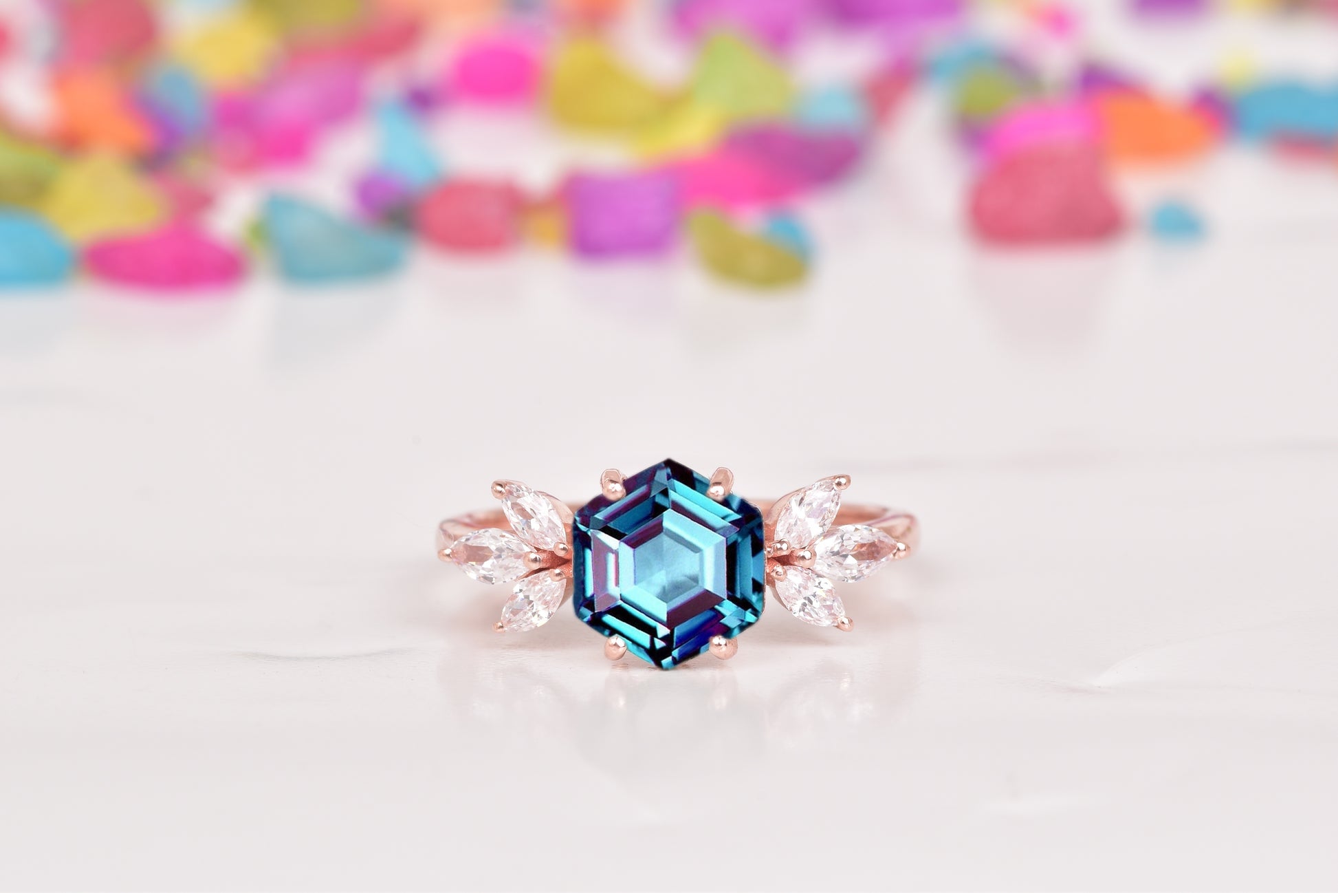 Hexagon Alexandrite Ring With Accent Marquise Diamonds