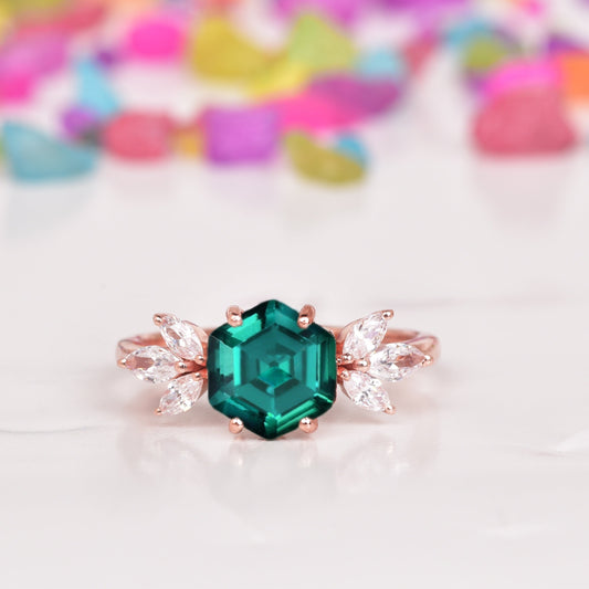 Hexagon Emerald Ring With Accent Marquise Diamonds