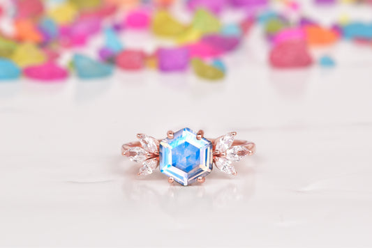 Hexagon Fire Moonstone Ring With Accent Marquise Diamonds