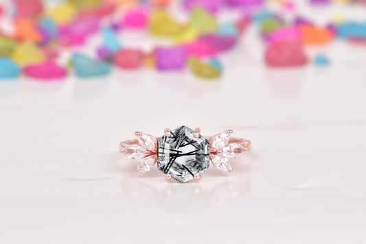Hexagon Rutilated Quartz Ring With Accent Marquise Diamonds