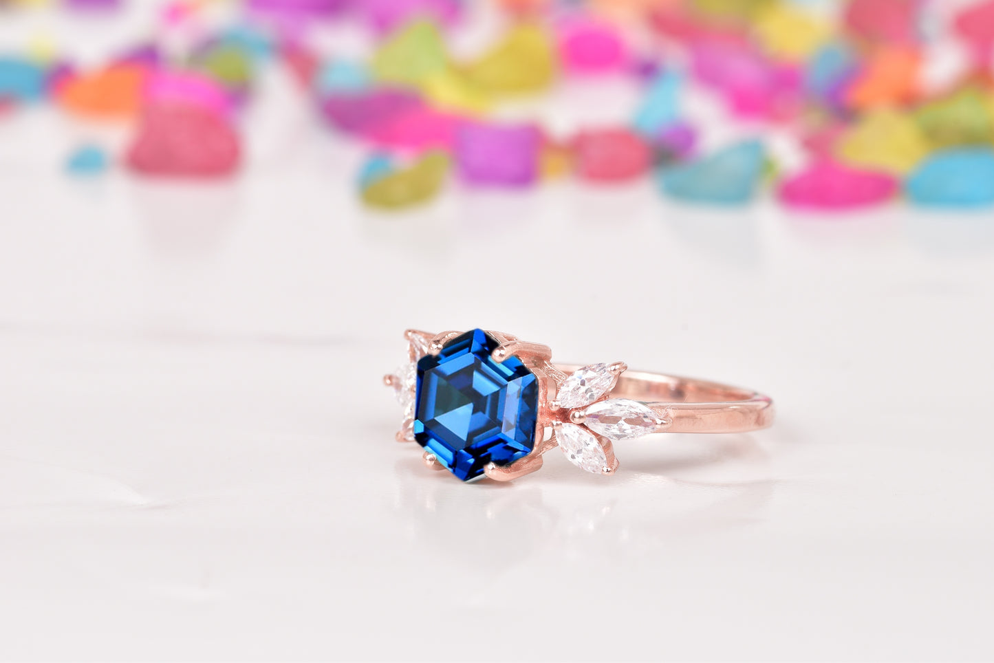 Hexagon Sapphire Ring With Accent Marquise Diamonds