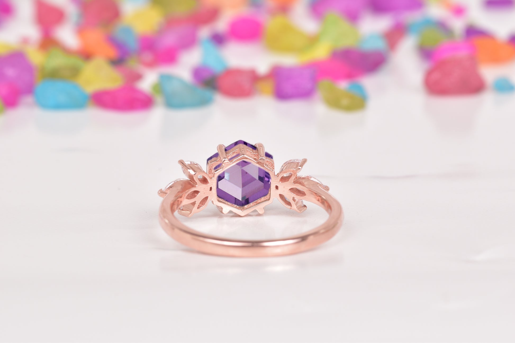 Hexagon Amethyst Ring With Accent Marquise Diamonds