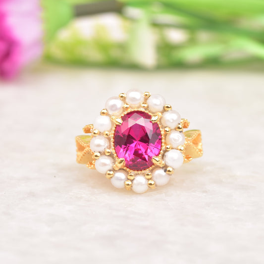 Ruby Pearl Cluster Ring | Rose Gold Ruby Ring