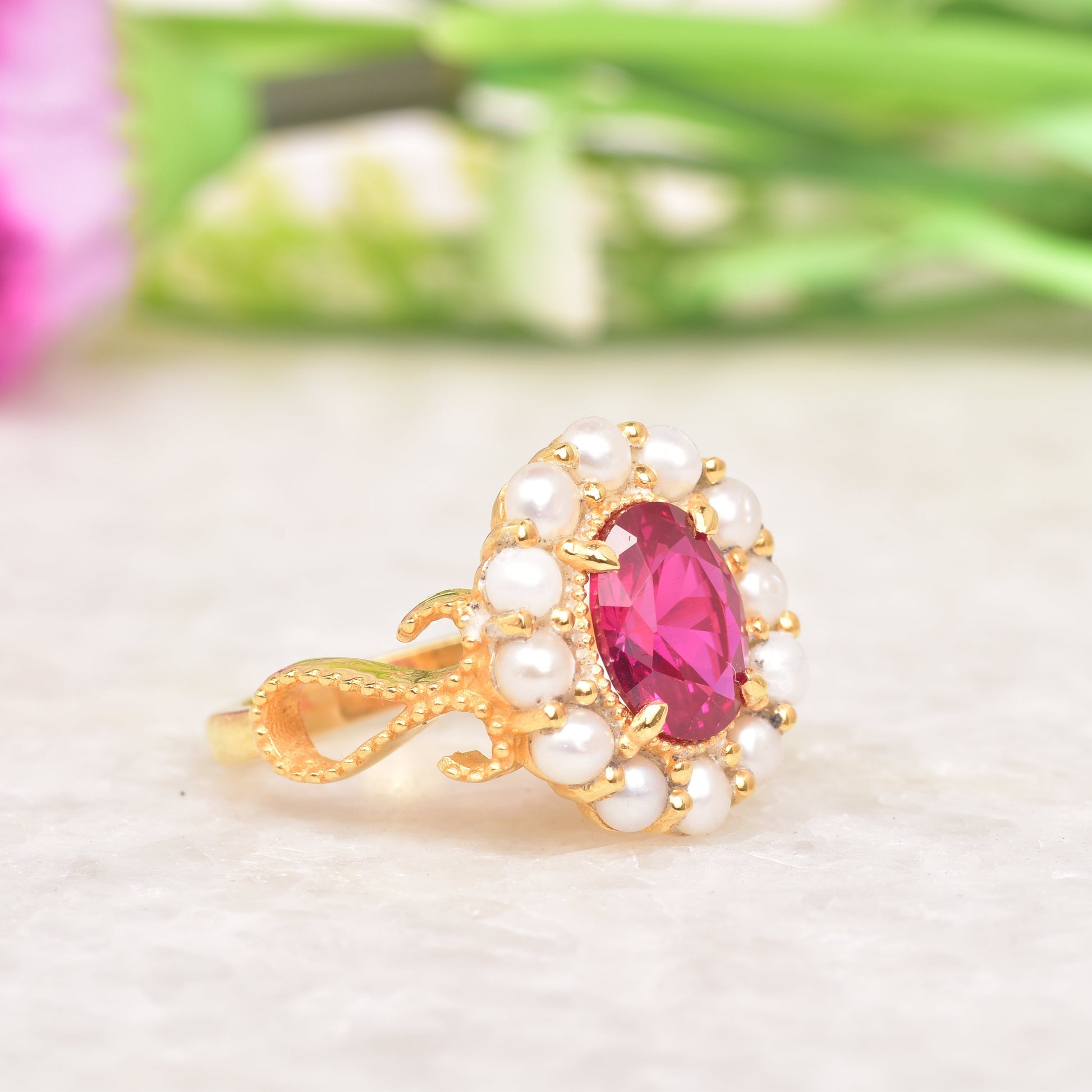 Ruby Pearl Cluster Ring | Rose Gold Ruby Ring