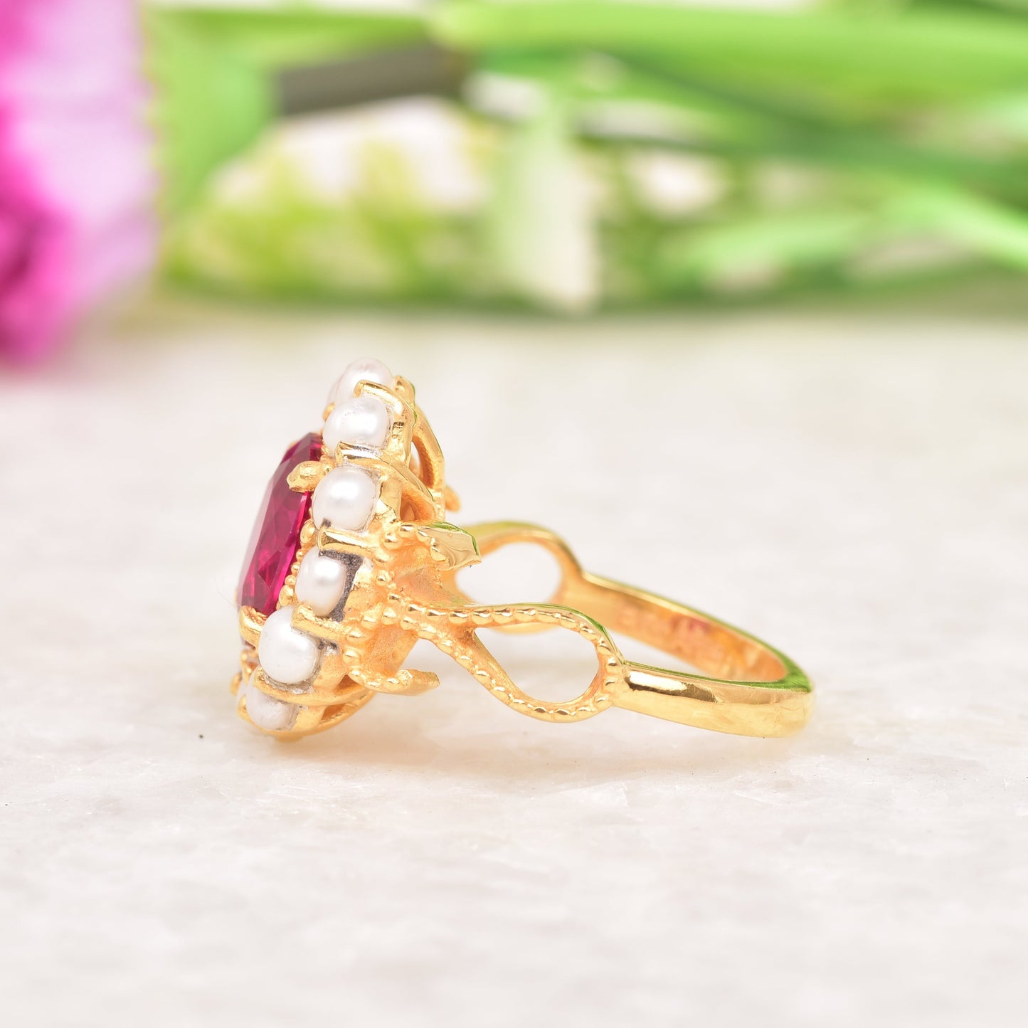 Ruby Pearl Cluster Ring | Rose Gold Ruby Ring