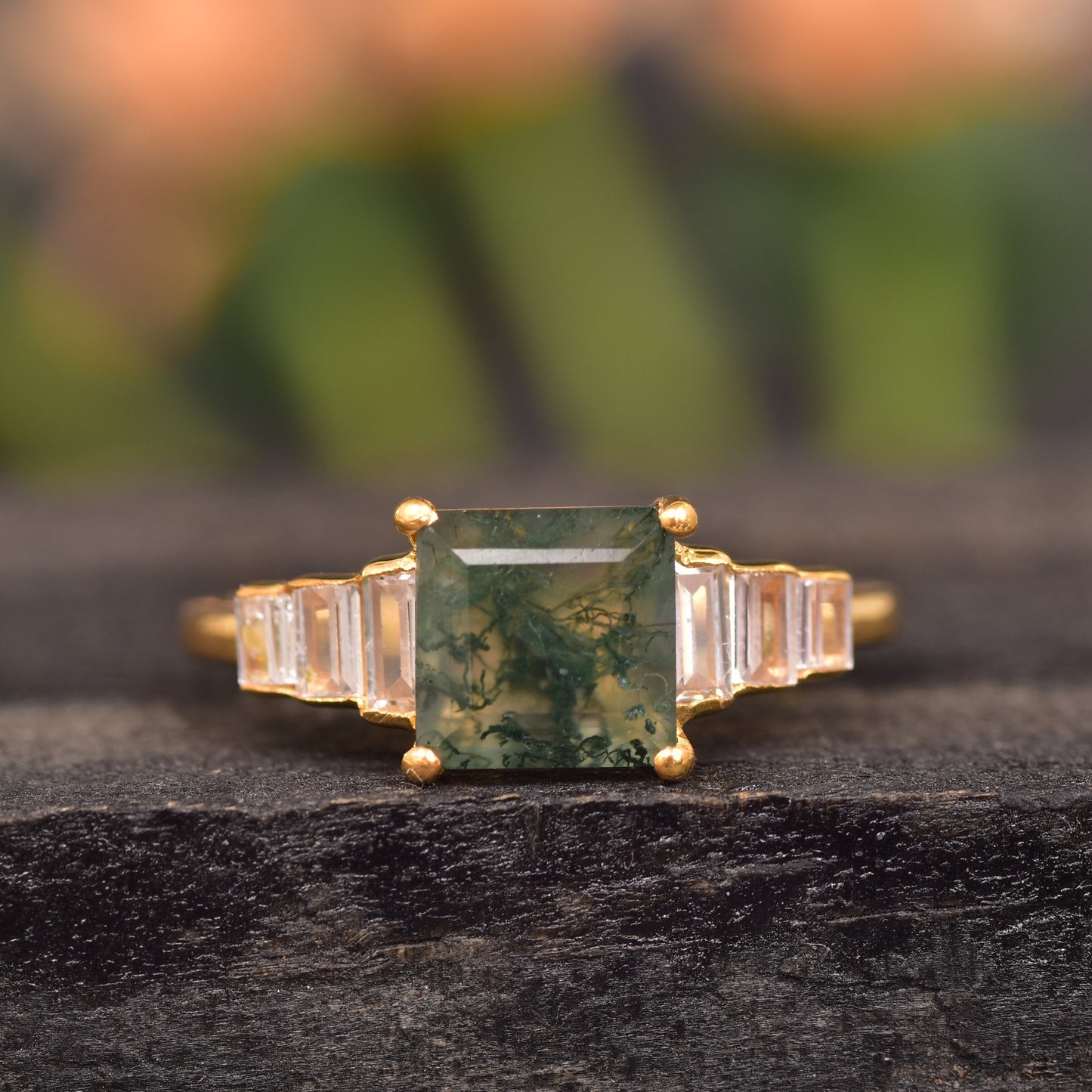 Natural Moss Agate Square Cut Rose Gold Engagement Ring