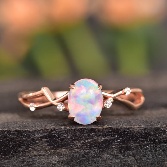 Fire Opal Twig Rose Gold Branch Bridal Engagement Ring