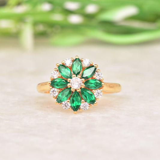 Green Emerald Gold Engagement Ring, Flower Cut Diamond Ring