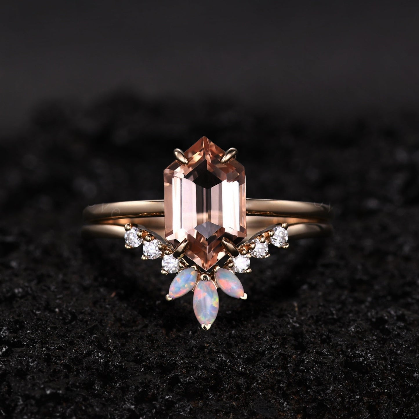 Morganite Engagement Ring Set | Opal Diamond Wedding Band