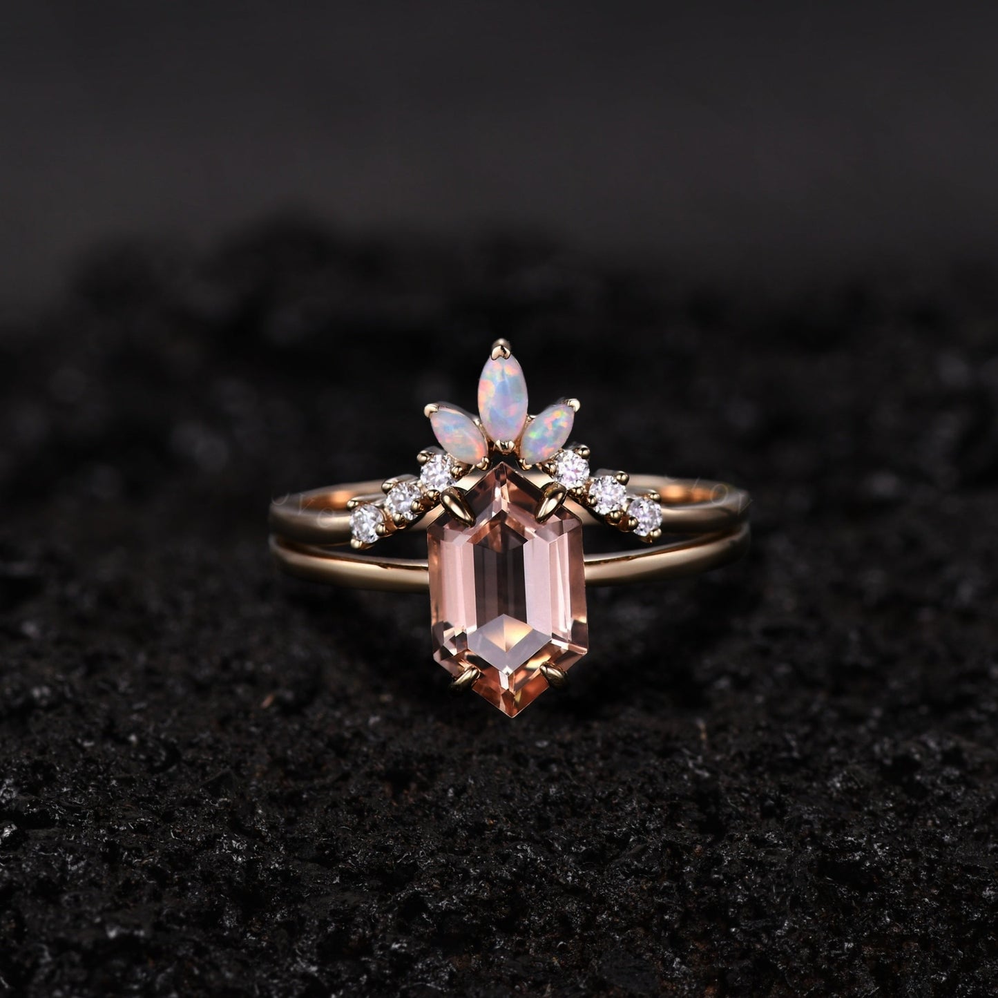 Morganite Engagement Ring Set | Opal Diamond Wedding Band