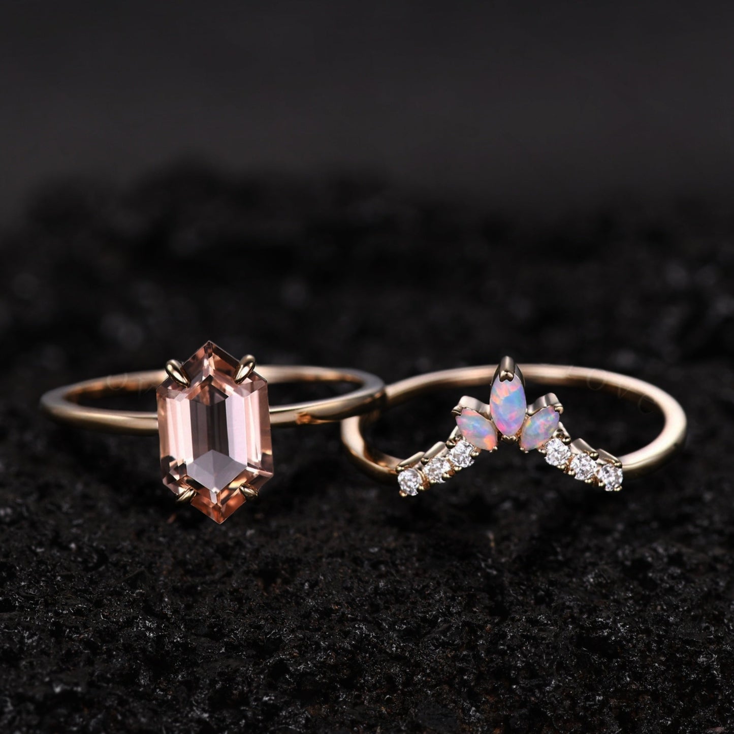 Morganite Engagement Ring Set | Opal Diamond Wedding Band