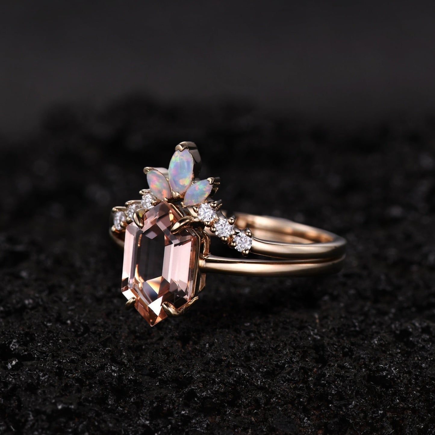 Morganite Engagement Ring Set | Opal Diamond Wedding Band
