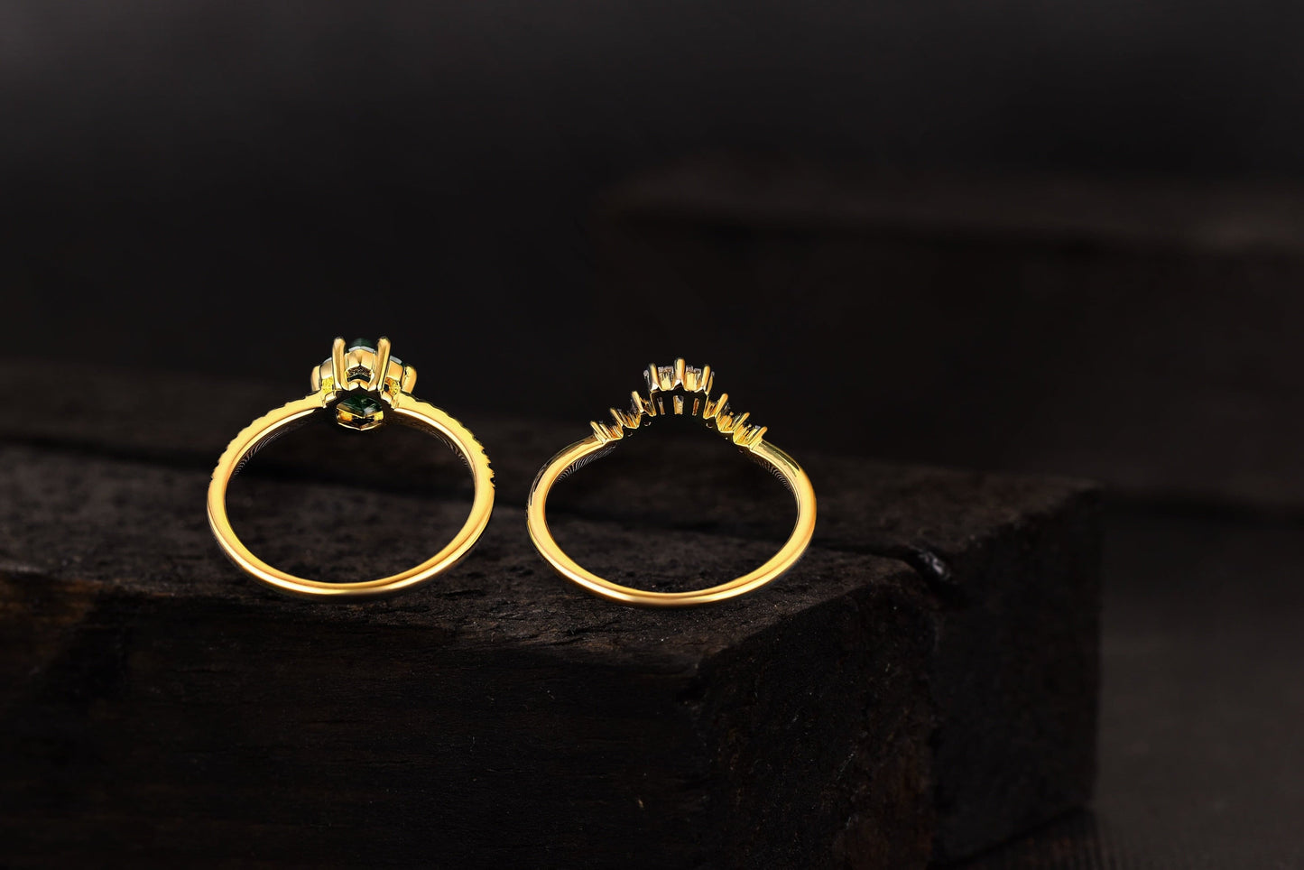 Moss Agate Engagement Ring Set | Black Onyx Moissanite Wedding Band