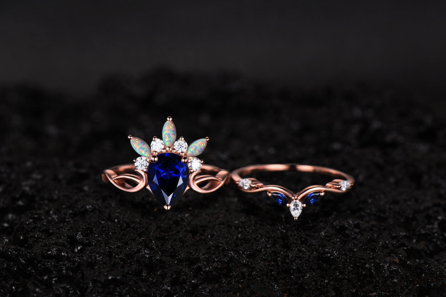 Sapphire Opal Diamond Cluster Ring Set