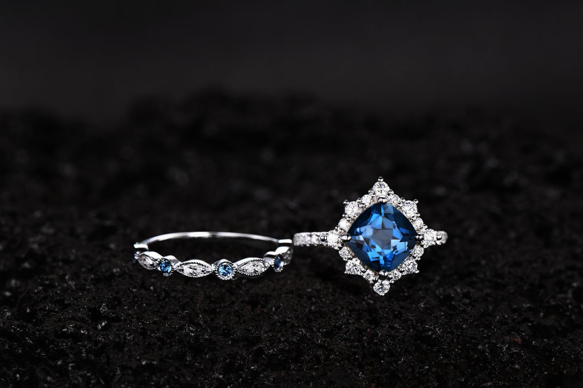 London Blue Topaz Bridal Ring Set Diamond Topaz Wedding Band