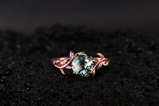 Natural Inspire Leaf Moss Agate Engagement Ring 